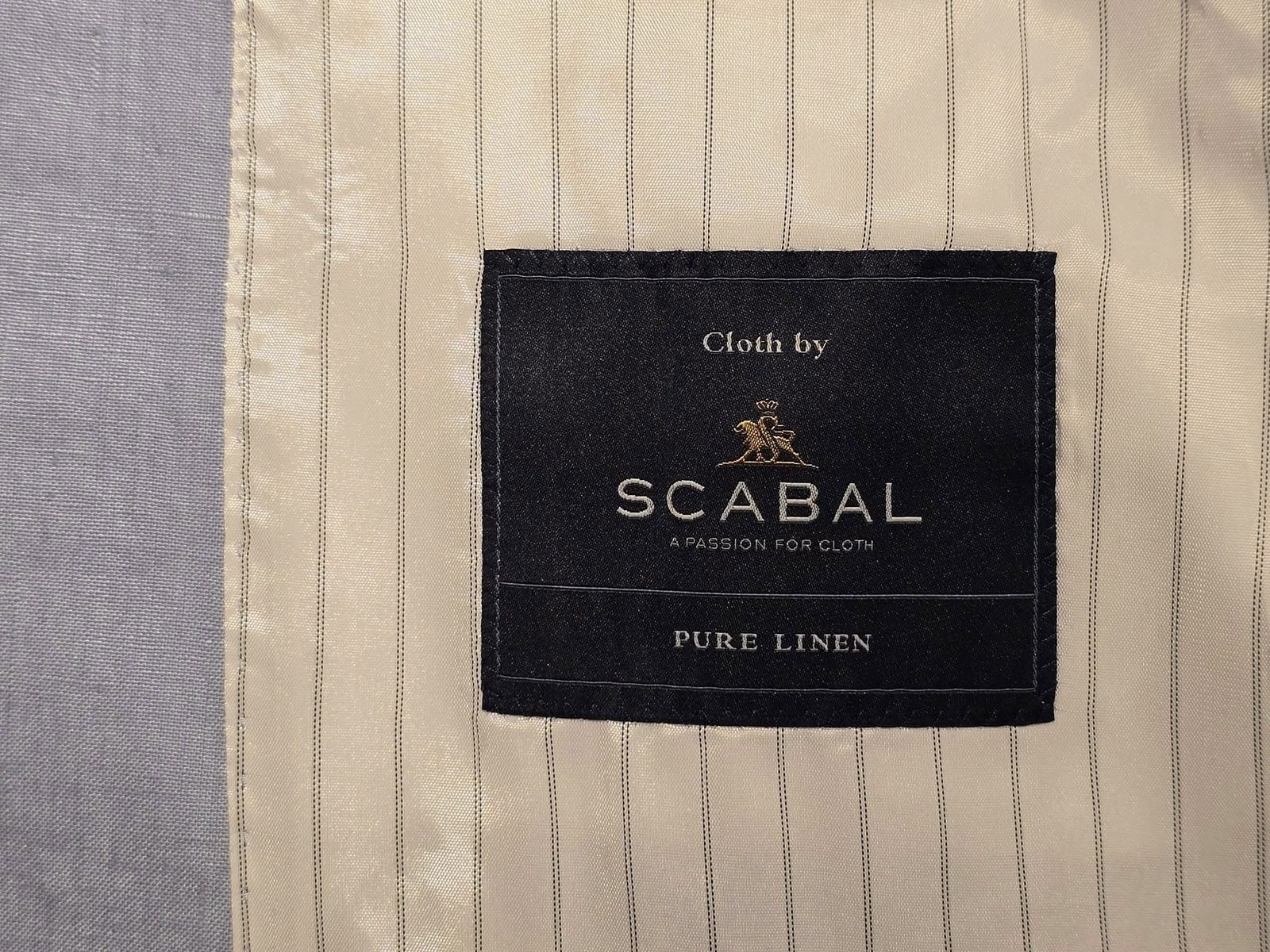 SCABAL PURE LINEN 布標特寫　進口亞麻與純毛料的織標